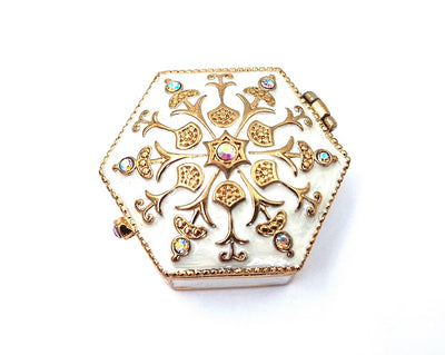 Elegant metalen geschenkdoosje met kristalletjes B0035-08WH, wit-goud, mogelijkheid tot personalisatie door gravure, ideaal voor sieraden en kleine voorwerpen, 5x5x2cm