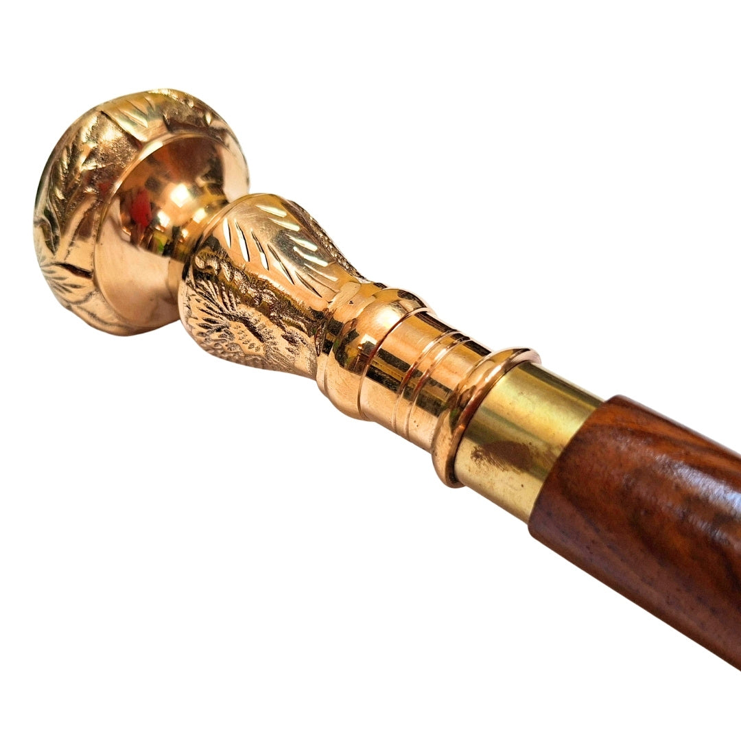 Elegante opvouwbare wandelstok met messing handvat - bruine houten stok met graveermogelijkheid - ideaal cadeau voor een senior met retrostijl - maximale lengte 96 cm