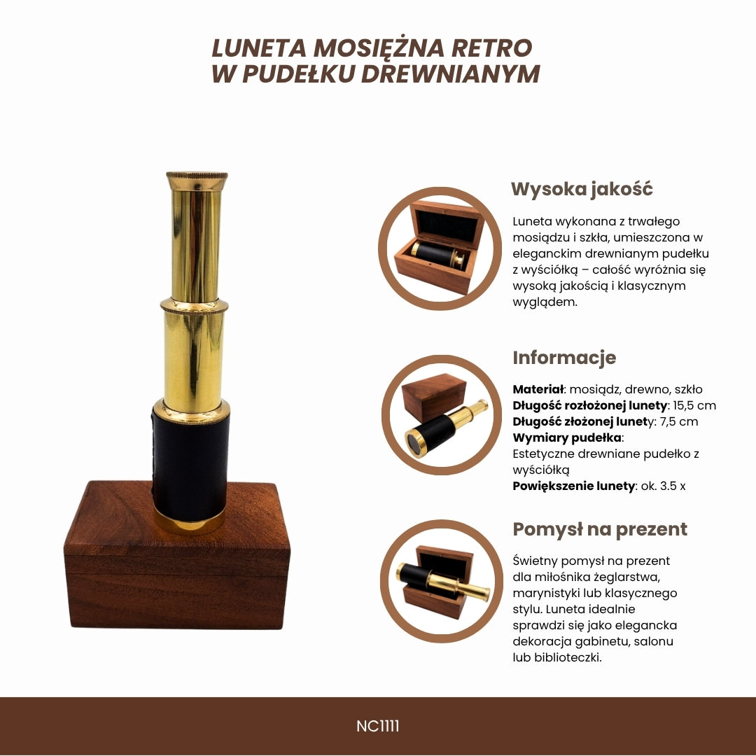 Retro messing verrekijker met gravure in houten doos