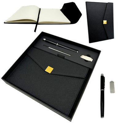 Elegante premium cadeauset met personalisatie – leren A5-notitieboek, pen en USB-stick 16GB in zwart-gouden doos