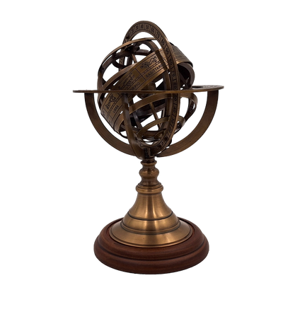 Messing astrolabium 21 cm met houten voet - Gepersonaliseerd cadeau voor liefhebbers van astronomie in goudkleur