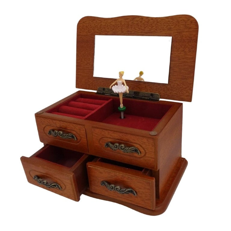 Houten speeldoos-sieradendoosje met spiegeltje en gravure - elegant cadeau voor sieraden met twee laatjes, hoogte 10cm, melodie "The Entertainer