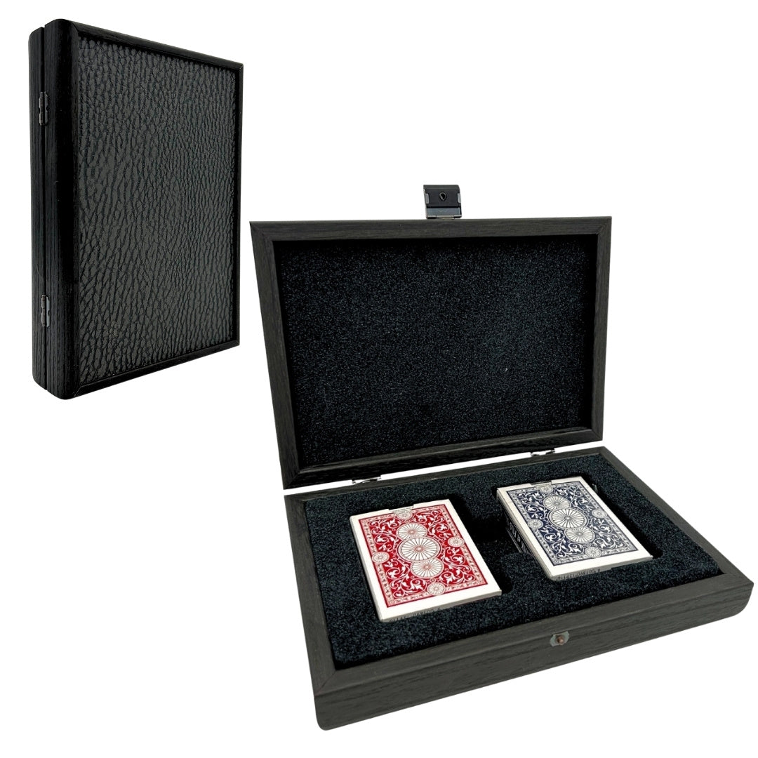 Exclusieve speelkaarten in een decoratieve doos met mogelijkheid tot personalisatie met gravure - donkerblauw en rood, houten doos met fluwelen voering
