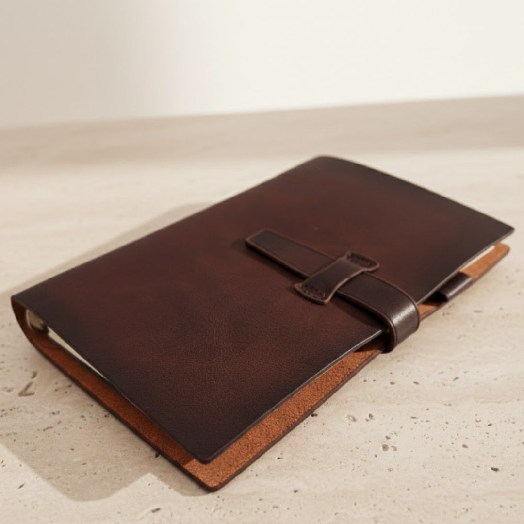 Elegant leren A6-notitieboek retro vintage met sluiting en personalisatie – ideaal als cadeau – donkerbruin, van hoogwaardig rundleer – 80 pagina's wit papier