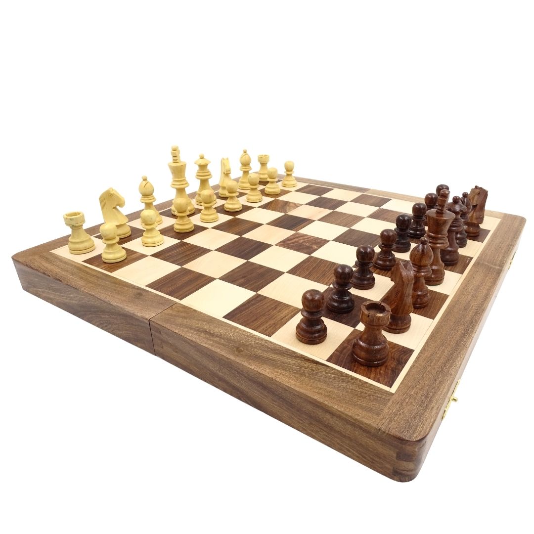 Houten schaakspel 40x40 cm met gravure - Opvouwbaar schaakbord van Indisch palissander in bruin-beige kleur