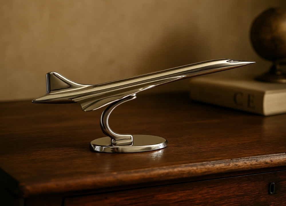 Metalen model van het Concorde-vliegtuig in zilverkleur, personaliseerbaar met gravure