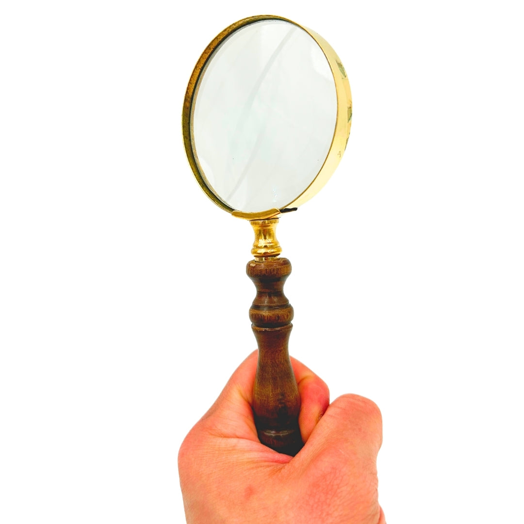 Retro messing loep met houten handvat - vergrootglas 18 cm met personalisatiemogelijkheid door gravure