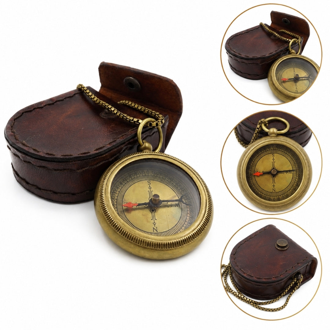 Stijlvol messing kompas met ketting in leren etui