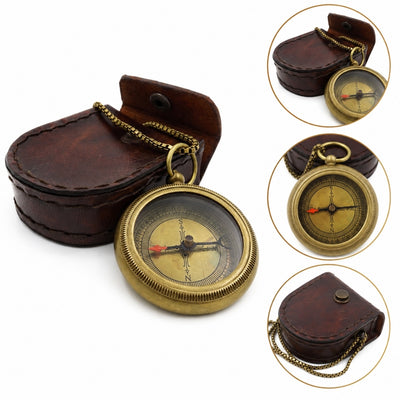 Stijlvol messing kompas met ketting in leren etui