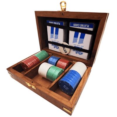 Elegante pokerset in houten doos met gravure