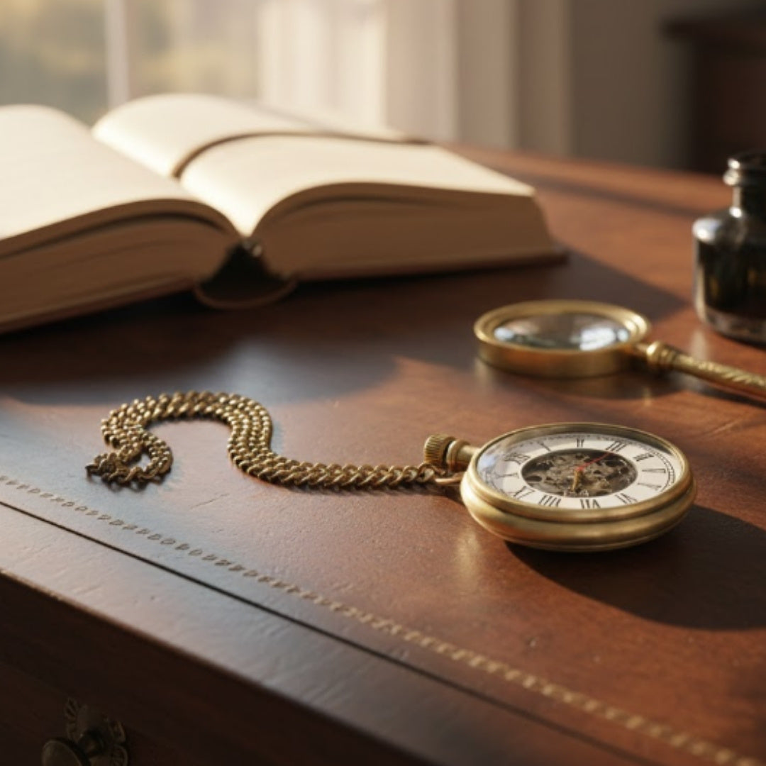 Retro mechanisch zakhorloge aan ketting met gravure