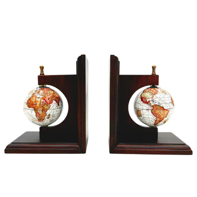 Stijlvolle boekensteunen met retro globes en gravure