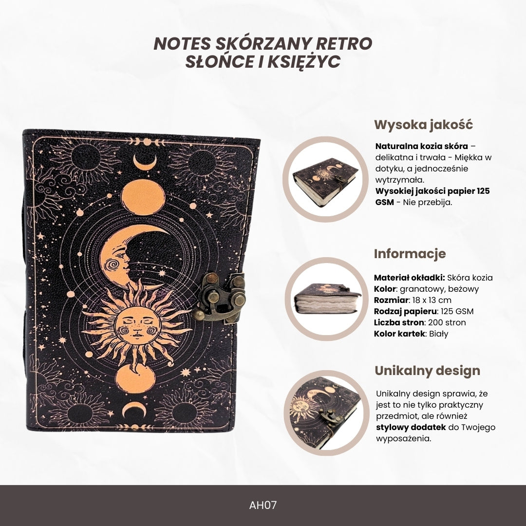 Decoratief leren notitieboek Zon en Maan 200 pagina's met mogelijkheid tot personalisatie door gravure, marineblauw, gemaakt van geitenleer, ideaal als cadeau