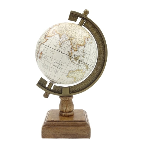 Stijlvolle decoratieve globe Amundsen op houten voet met gravure - elegante decoratie voor klassieke, loft- en koloniale interieurs, ideaal als cadeau - hoogte 26,5 cm, wit-bruine kleur, educatief accent in het Engels