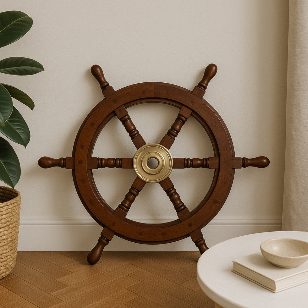 Houten stuurwiel 45 cm met messing middenstuk - Gepersonaliseerde gravure - Retro nautische decoratie als cadeau voor een zeiler of zeeliefhebber