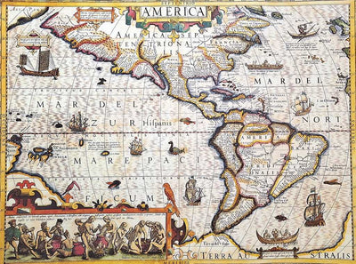Kaart van Amerika 1628 - J. Hondius-reprint met mogelijkheid tot personalisatie met gravure - ideaal cadeau voor reizigers en geschiedenisliefhebbers - afmetingen 37,5 x 50 cm