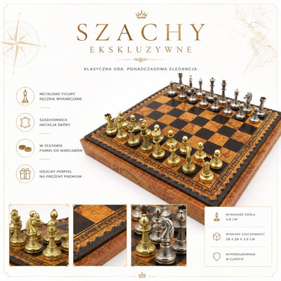 Exclusieve metalen schaakset Italfama 28x28 cm met mogelijkheid tot personalisatie met gravure, bruin-zwart schaakbord, goud- en zilverkleurige stukken