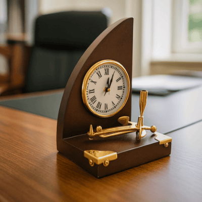 Elegante maritieme bureauset met klok en pennenhouder van messing en gelakt hout – personalisatie met gravure – ideaal cadeau voor een baas of liefhebber van vintagestijl – afmetingen 16 x 12,5 x 23 cm