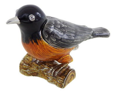 Metalen doosje in de vorm van een vogeltje met kristalletjes, gepersonaliseerd met gravure, ideaal als cadeau - zwart, zilver, bruin, oranje, afmetingen 5x6x5cm, materiaal: metaal, email, kristal