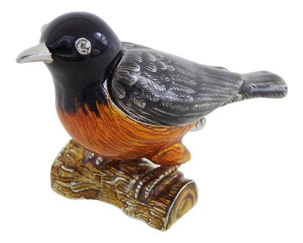 Metalen doosje in de vorm van een vogeltje met kristalletjes, gepersonaliseerd met gravure, ideaal als cadeau - zwart, zilver, bruin, oranje, afmetingen 5x6x5cm, materiaal: metaal, email, kristal