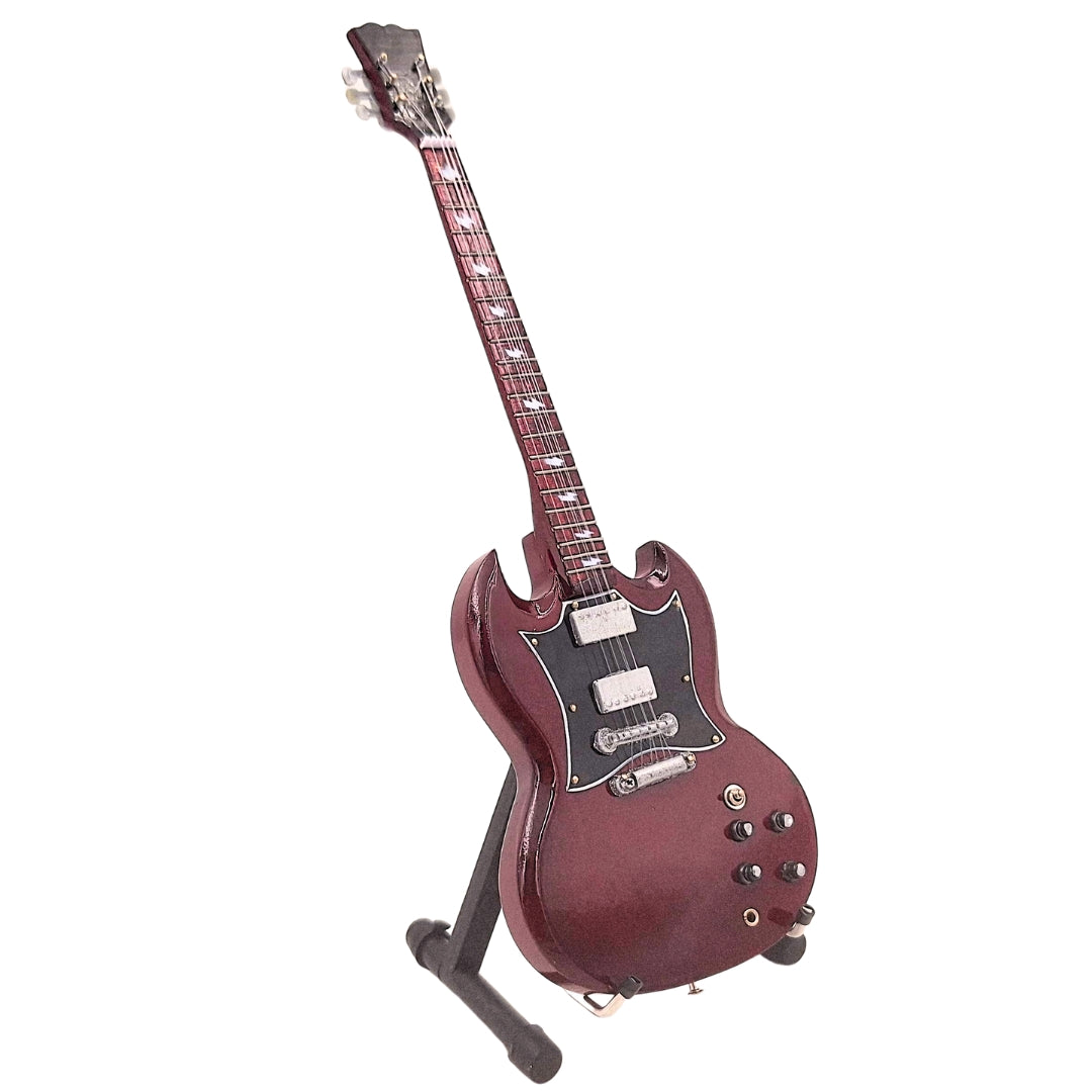 Mini-gitaar AC/DC Angus Young MGT-0567 met mogelijkheid tot personalisatie met gravure, ideaal als cadeau, handgemaakt van mahoniehout, bruin, hoogte 27,5 cm