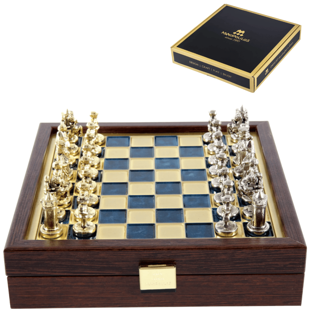 Elegante premium messing schaakset 20x20cm Byzantium met gepersonaliseerde gravure - ideaal cadeau voor een schaker en geschiedenisliefhebber - handgemaakte stukken in gouden en zilveren afwerking