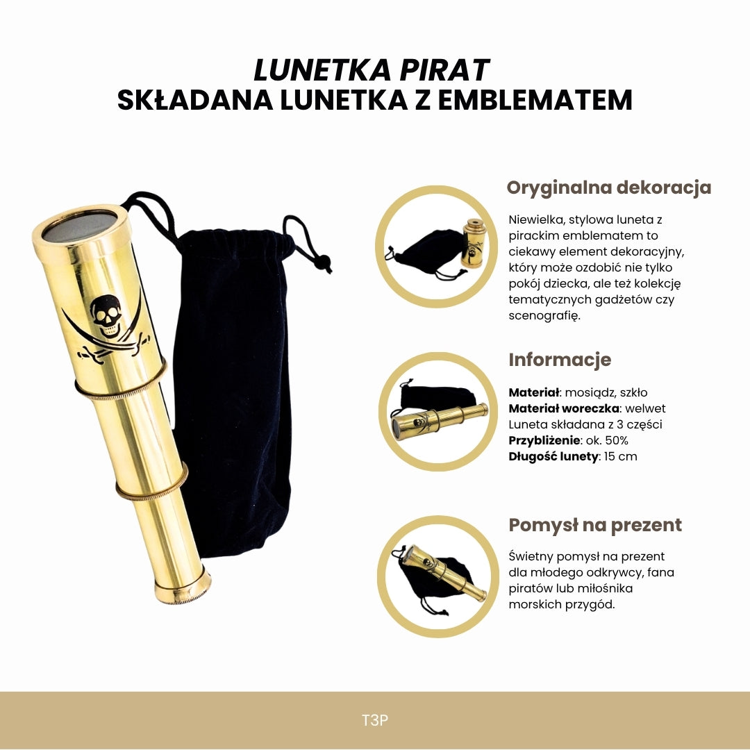 Piratenkijker met embleem – inklapbare messing verrekijker met gravure – ideaal cadeau voor een jonge zeeontdekker – hoogte 15 cm, set met fluwelen zakje