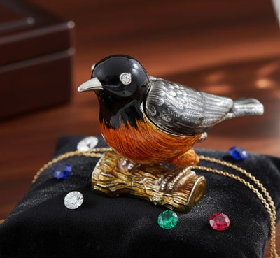 Metalen doosje in de vorm van een vogeltje met kristalletjes, gepersonaliseerd met gravure, ideaal als cadeau - zwart, zilver, bruin, oranje, afmetingen 5x6x5cm, materiaal: metaal, email, kristal