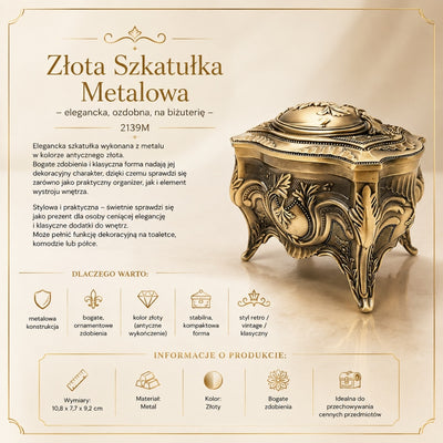 Gouden metalen retro sieradendoosje met mogelijkheid tot personalisatie met gravure - elegant en rijkelijk versierd, ideaal als cadeau - afmetingen: 10,8 x 7,7 x 9,2 cm, robuust en indrukwekkend, perfect voor het bewaren van waardevolle voorwerpen