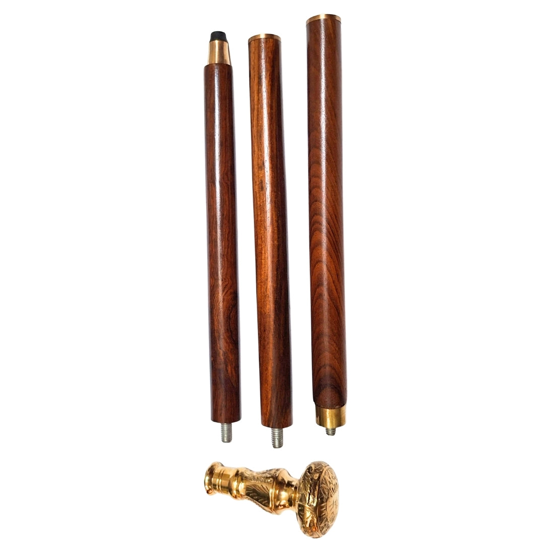 Elegante opvouwbare wandelstok met messing handvat - bruine houten stok met graveermogelijkheid - ideaal cadeau voor een senior met retrostijl - maximale lengte 96 cm