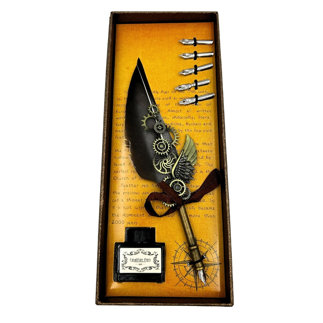 Elegante retro kalligrafieset met grijze ganzenveer, 6 penpunten, 15ml inkt en optie voor personalisatie met gravure