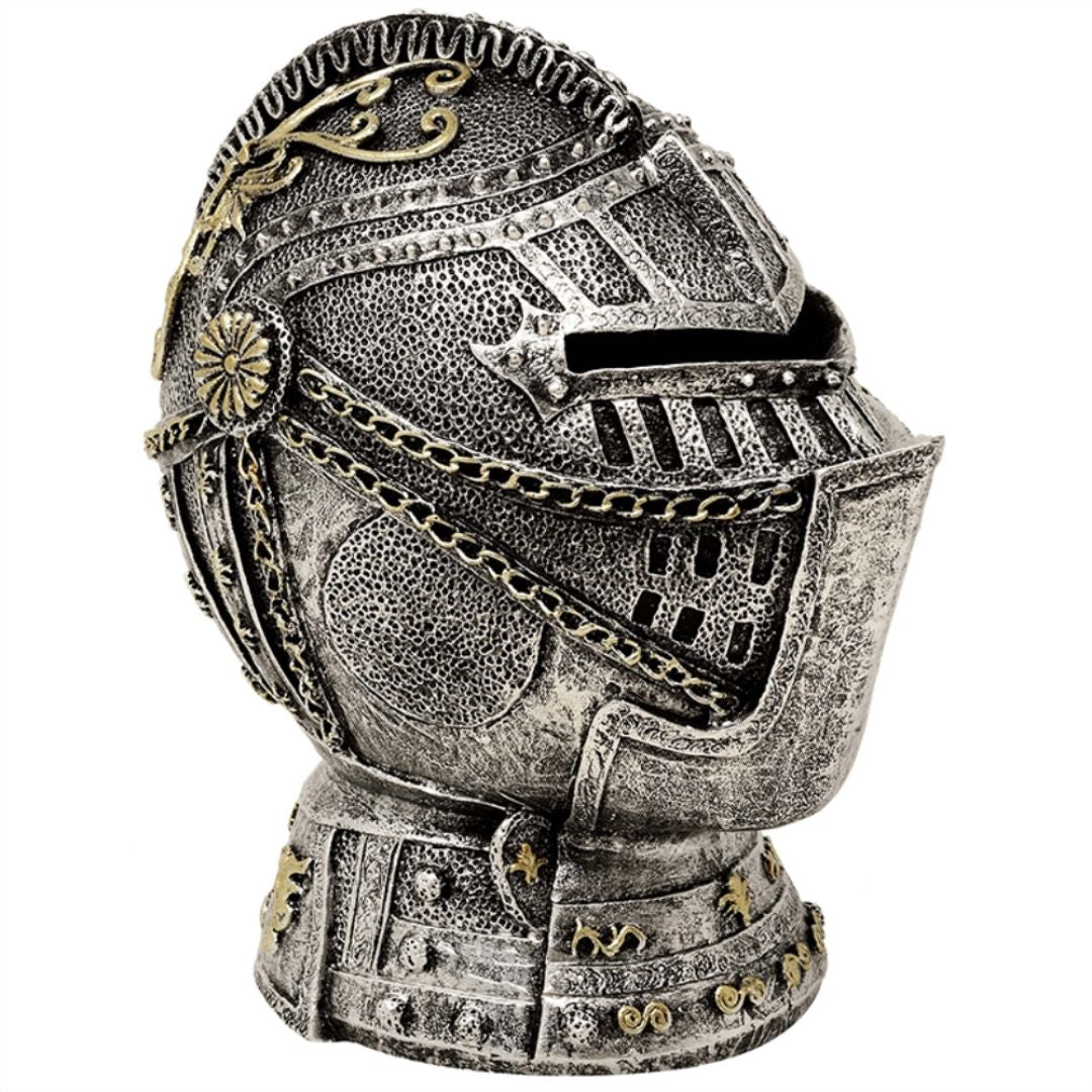 Decoratieve spaarpot ridderhelm met gravure - verouderd zilver, 13 cm