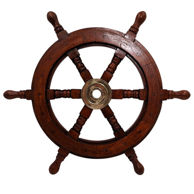 Houten stuurwiel 45 cm met messing middenstuk - Gepersonaliseerde gravure - Retro nautische decoratie als cadeau voor een zeiler of zeeliefhebber