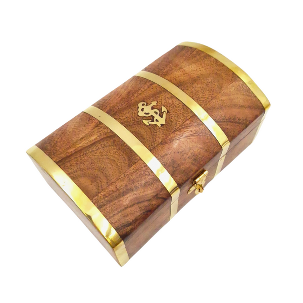 Vintage maritiem houten kistje DNU-020 met messing ankermotief, gepersonaliseerde gravure, ideaal als cadeau voor liefhebbers van de zee, afmetingen 18,4 × 12,7 × 7,6 cm
