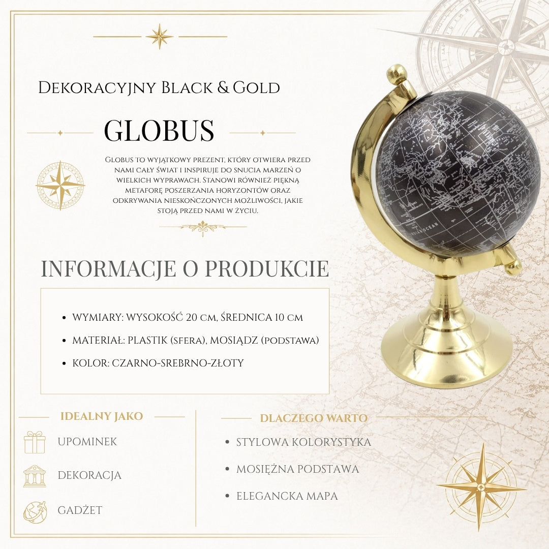 Decoratieve globe Black & Gold met mogelijkheid tot personalisatie van de gravure – elegant cadeau-accessoire, hoogte 20 cm, messing voet, zwarte kaart met zilveren opschriften