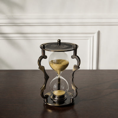 Elegante antieke messing zandloper 5 min met gravure