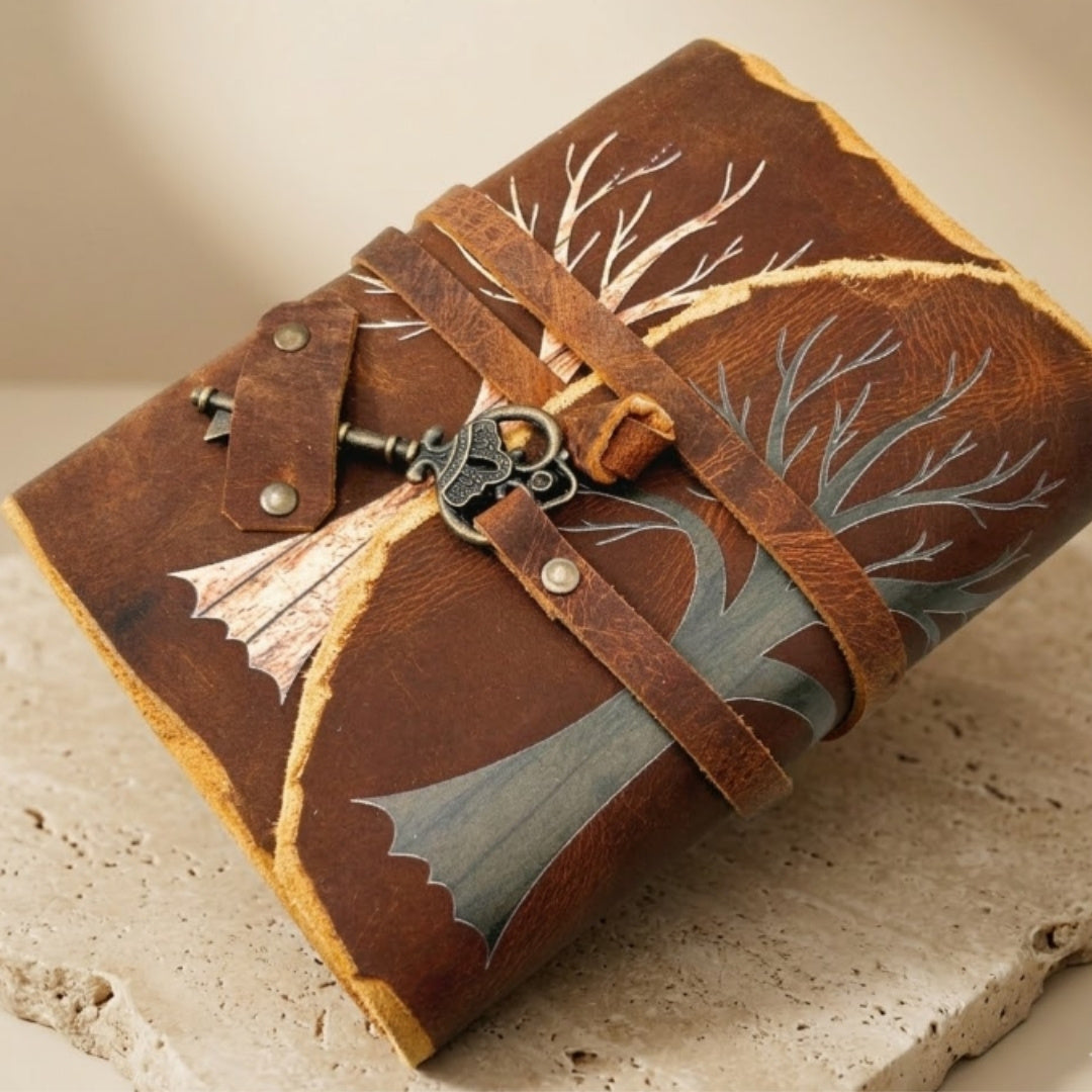 Vintage leren notitieboek 200 pagina’s met sleutel – Levensboom