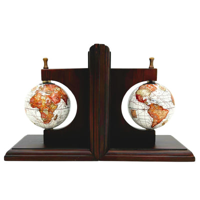 Stijlvolle boekensteunen met retro globes en gravure