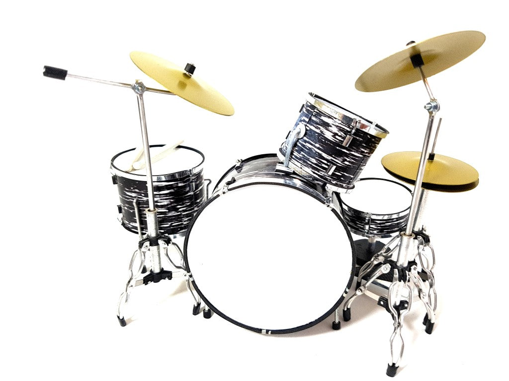 Mini-drumstel in zwart-wit MDR-0015 1:5 met mogelijkheid tot personalisatie met gravure - uitstekend cadeau voor muziekliefhebbers, gemaakt van metaal en kunststof, hoogte 15 cm, breedte 20 cm, diepte 20 cm, zelf te arrangeren