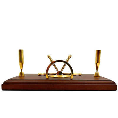 Maritieme bureauset met gravure – stuurwiel, kompas, pennenhouders van gepolijst hout en messing