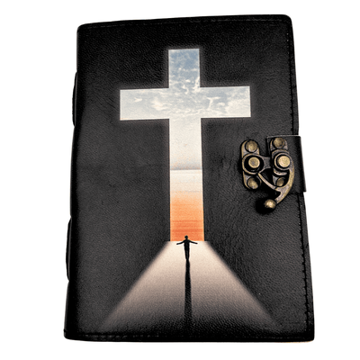 Leren notitieboek kruis religieus gebedenboek met gravure