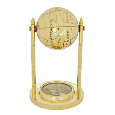 Decoratieve messing wereldbol met kompas en mogelijkheid tot personalisatie met gravure, goudkleurig, hoogte 12,5 cm