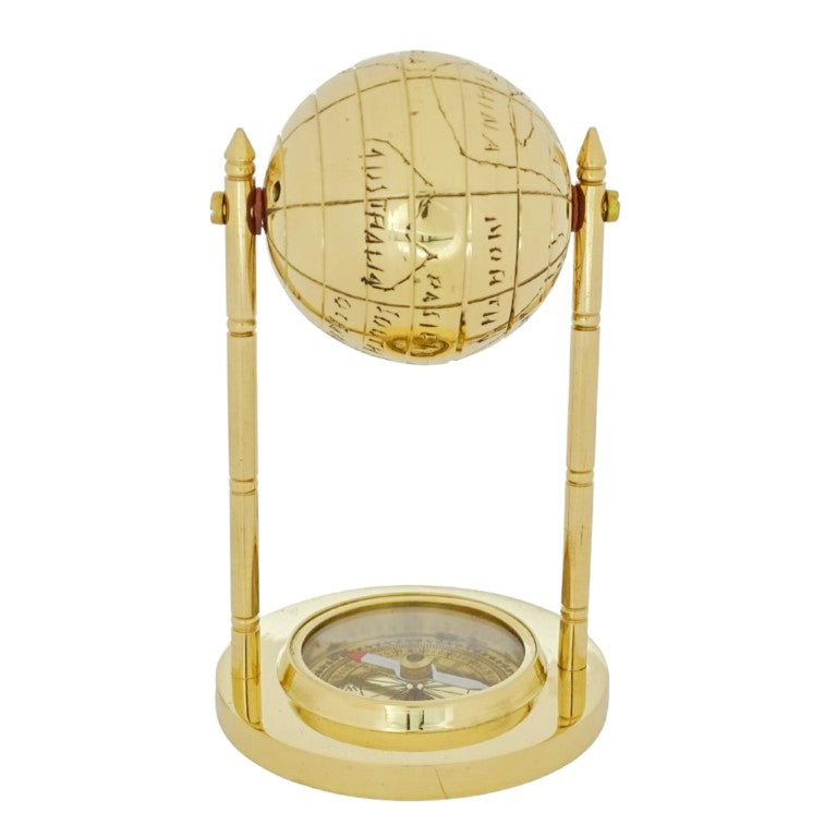 Decoratieve messing wereldbol met kompas en mogelijkheid tot personalisatie met gravure, goudkleurig, hoogte 12,5 cm