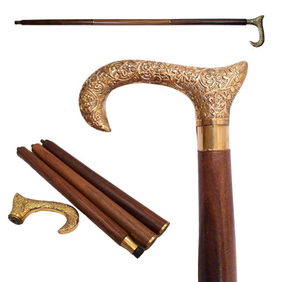 Houten wandelstok met gouden handvat - opvouwbaar - elegant cadeau met mogelijkheid tot personalisatie met gravure - 91,5 cm, bruin met messing handgreep