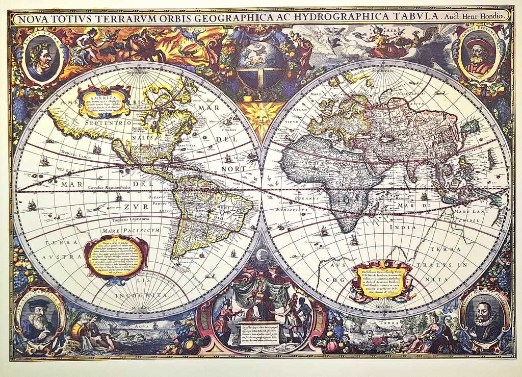 Wereldkaart 1630 - J. Hondius-reprint met mogelijkheid tot personalisatie met gravure