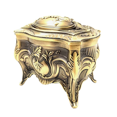 Gouden metalen retro sieradendoosje met mogelijkheid tot personalisatie met gravure - elegant en rijkelijk versierd, ideaal als cadeau - afmetingen: 10,8 x 7,7 x 9,2 cm, robuust en indrukwekkend, perfect voor het bewaren van waardevolle voorwerpen