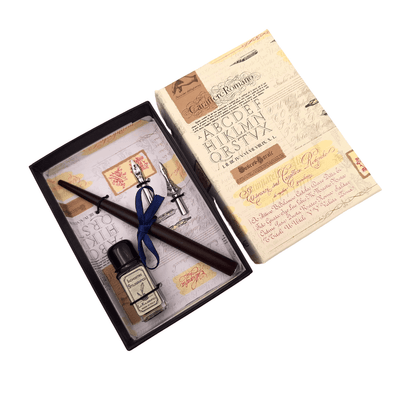 Kalligrafieset met gepersonaliseerde gravure - Italiaanse pen met twee penpunten en inktpot, ideaal als cadeau - elegante verpakking 12.5x8,5x3cm