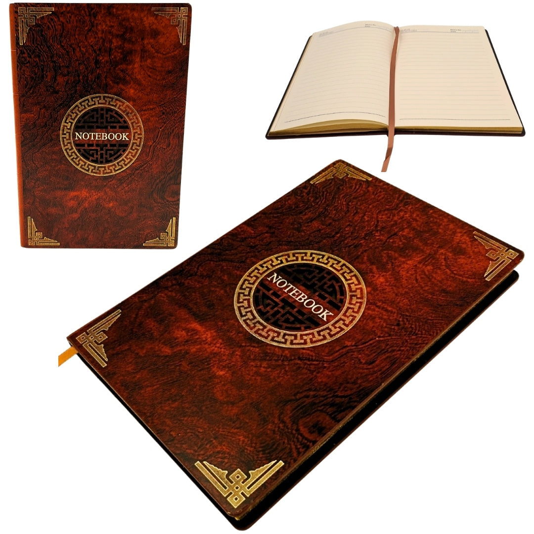 Elegant A5-notitieboek met houten omslag en gepersonaliseerde gravure – luxe dagboek als cadeau met gouden randen en hoogwaardig papier in bruin