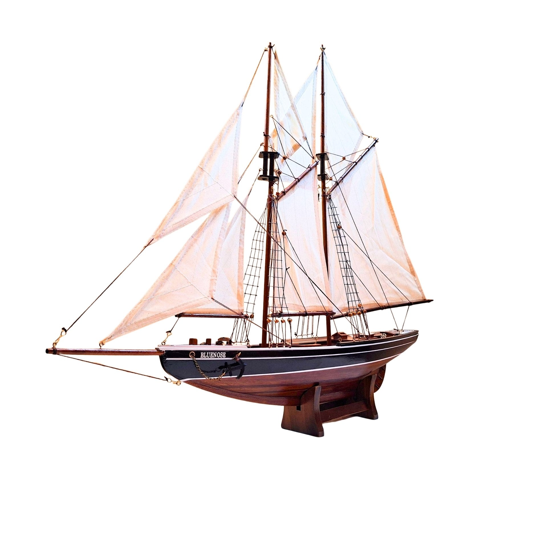 Model van schoener Bluenose 78 cm met gravure - elegante maritieme decoratie van hout als cadeau voor liefhebbers van zeilen en maritieme geschiedenis, met natuurlijke zeilen