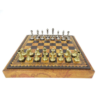 Exclusieve metalen schaakset Italfama 28x28 cm met mogelijkheid tot personalisatie met gravure, bruin-zwart schaakbord, goud- en zilverkleurige stukken